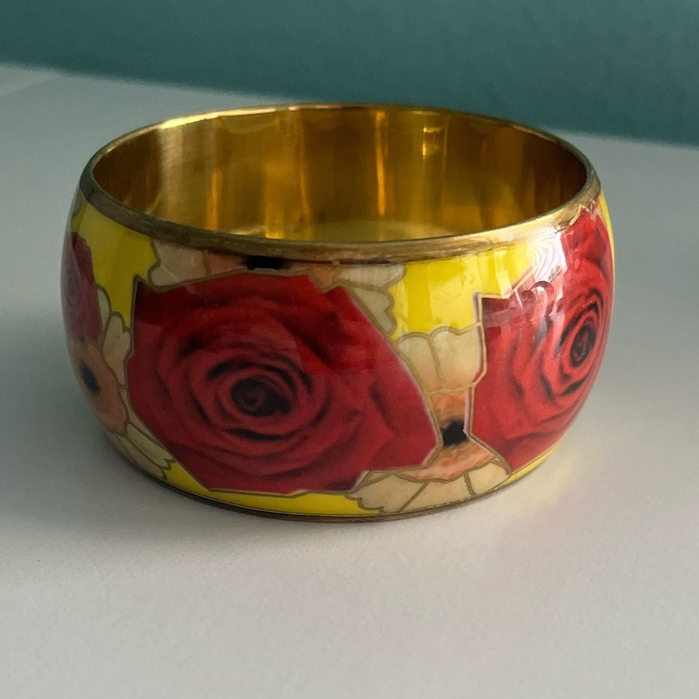 Vintage Yellow Enamel Rose and GoldTone Bracelet